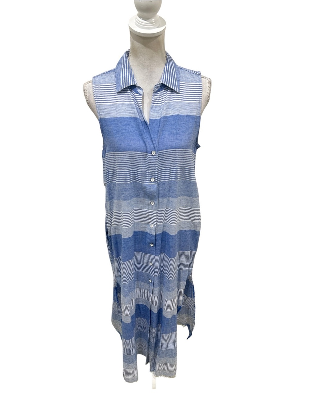 Bella Dahl Blue White Striped linen Sleeveless Button-Front maxi dress small
